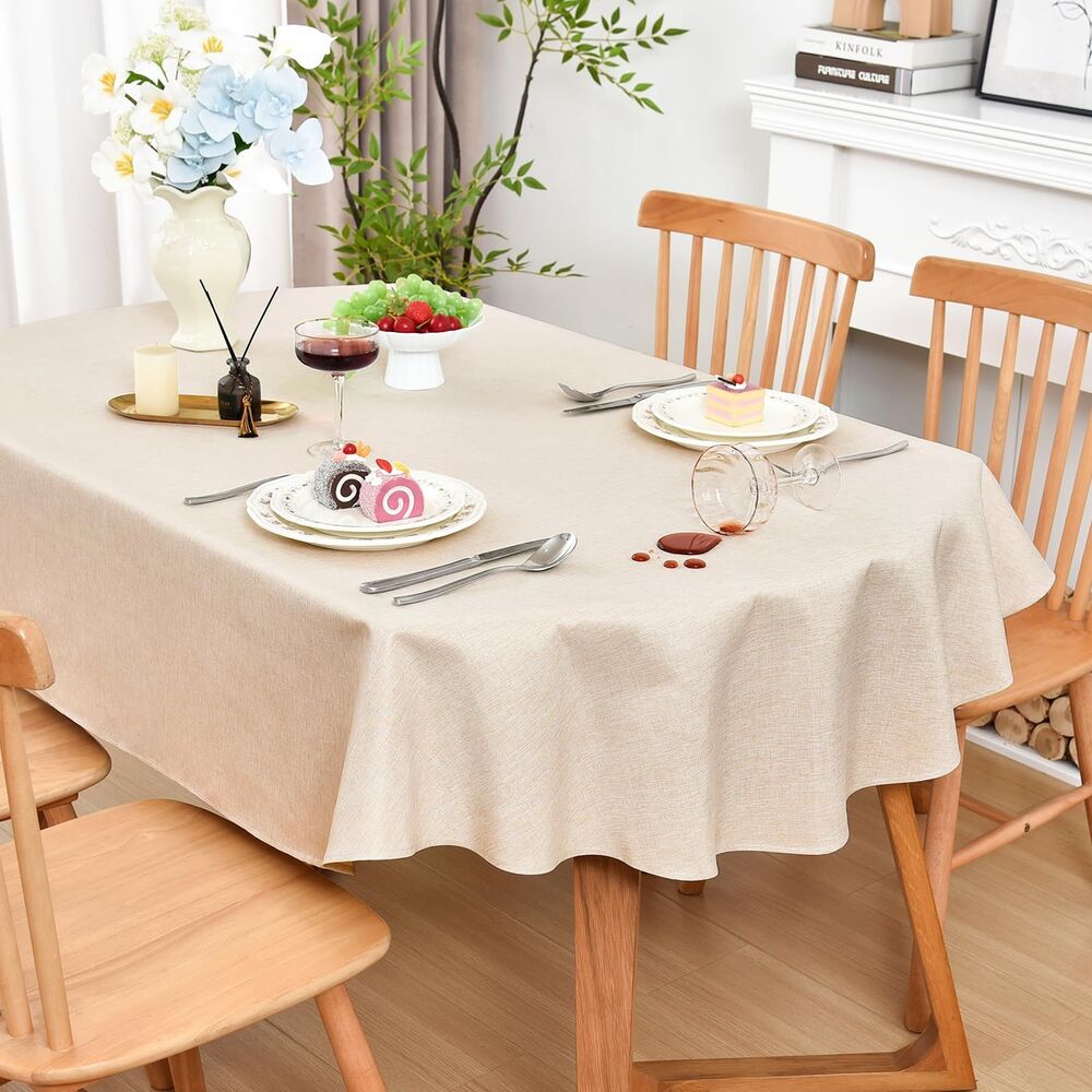 60 x 84 Inch Farmhouse Faux Linen Oval Tablecloth - Water Resistant (Neutral)